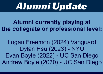Alumni Update Alumni currently playing at the collegiate or professional level:  Logan Freemon (2024) Vanguard Dylan Hsu (2023) - NYU Evan Boyle (2022) - UC San Diego Andrew Boyle (2020) - UC San Diego